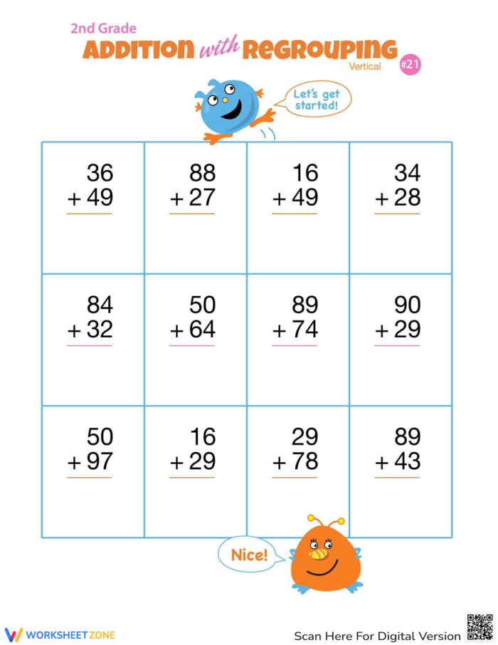 Engaging double-digit addition worksheet with regrouping for second graders Second grade worksheet featuring double-digit addition problems with monsters for practice