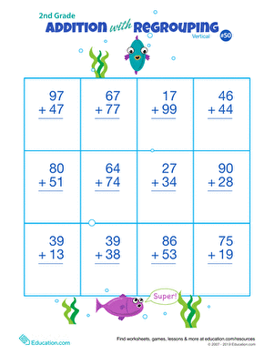 Double Digits! Practice Vertical Addition with Regrouping Worksheet Image 9 Second grade worksheet featuring monsters for practicing double-digit addition with regrouping