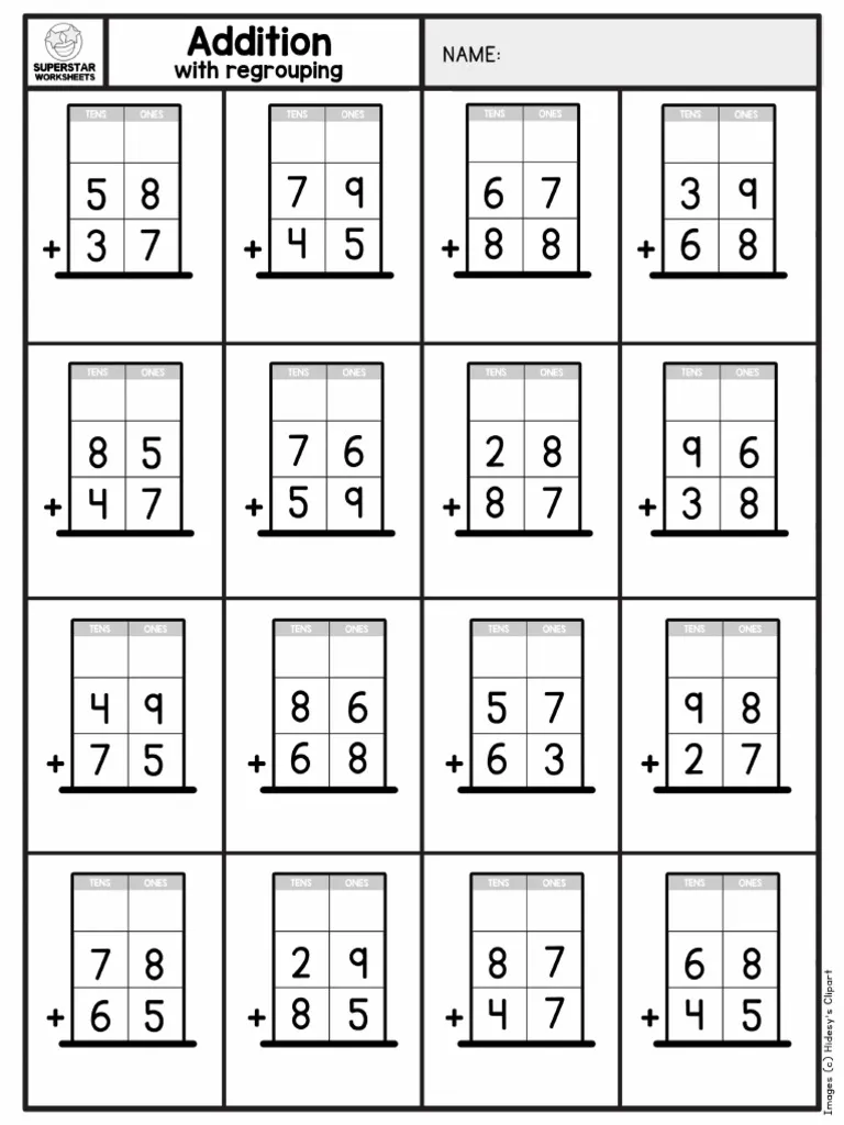 Worksheet for practicing vertical addition with regrouping for second graders. Double Digits! Addition practice worksheet for grade 2 students.
