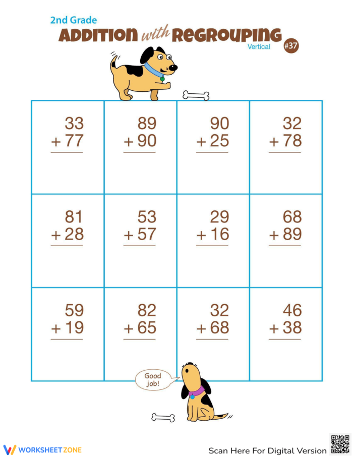 Worksheet featuring double digits for vertical addition with regrouping practice for second graders
