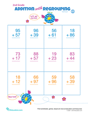 Two-digit addition worksheet for second graders focusing on regrouping and carrying