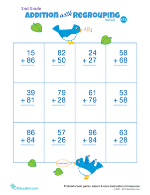Worksheet for practicing vertical addition with regrouping in double digits for second graders