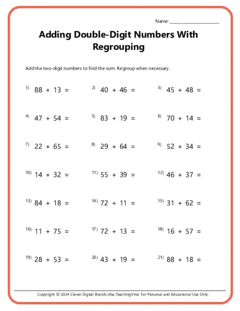 Worksheet for practicing vertical addition with regrouping for second graders