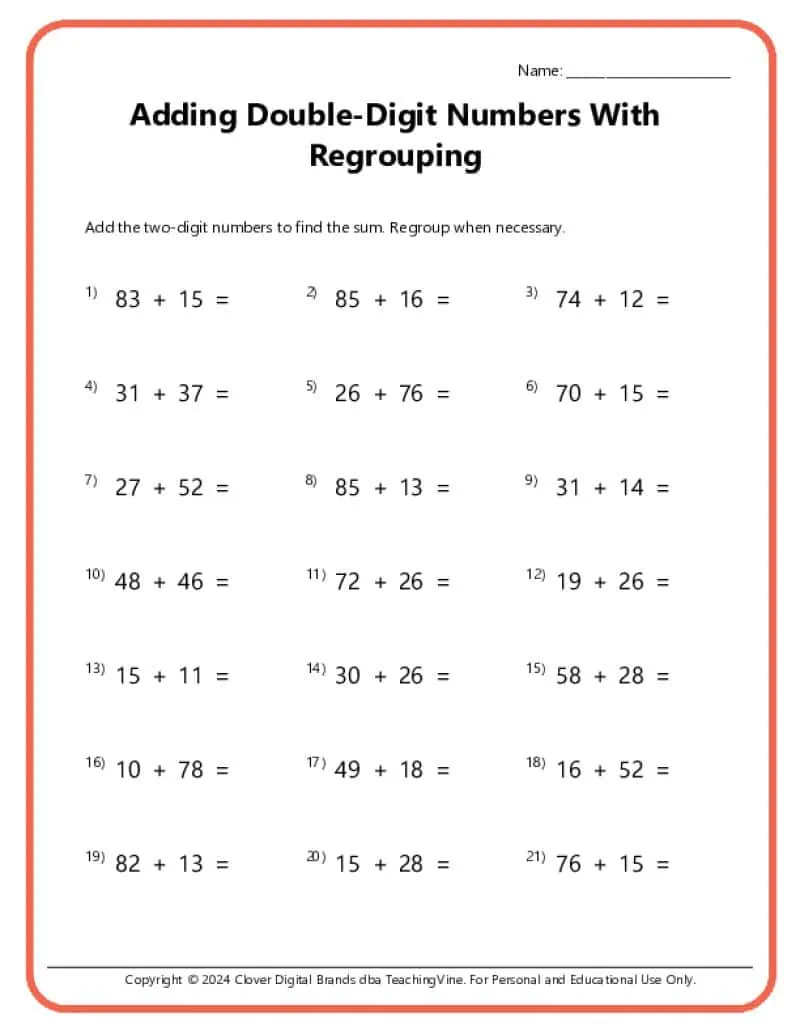 Double Digits worksheet featuring vertical addition practice for second graders