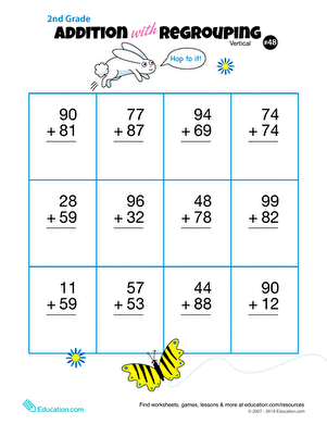 Worksheet for practicing vertical addition with regrouping for second graders