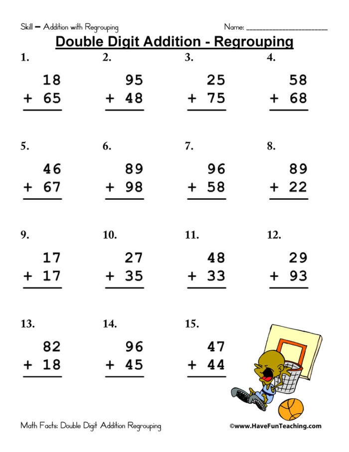 Worksheet for double-digit vertical addition with regrouping for second graders