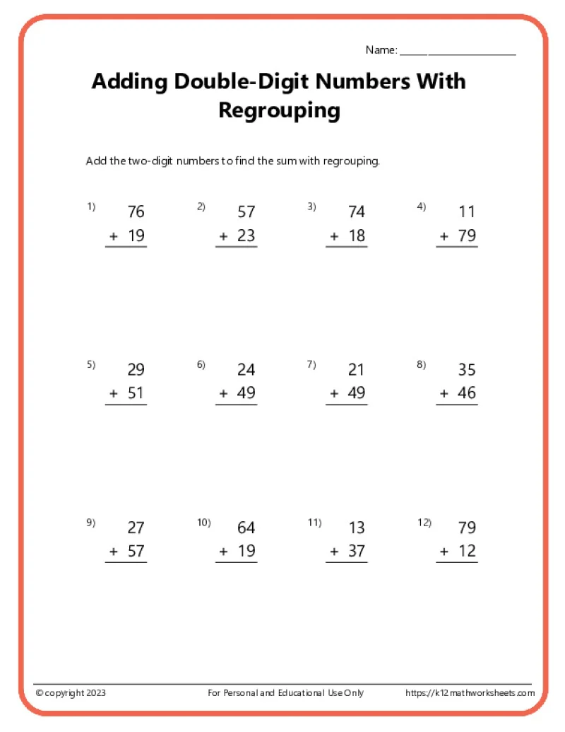 Worksheet for practicing two-digit vertical addition with regrouping for second graders