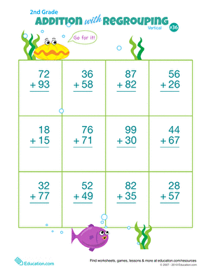 Worksheet for practicing vertical addition with regrouping for second graders