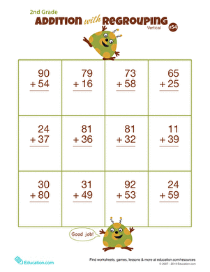 Worksheet featuring vertical addition practice with regrouping for second graders