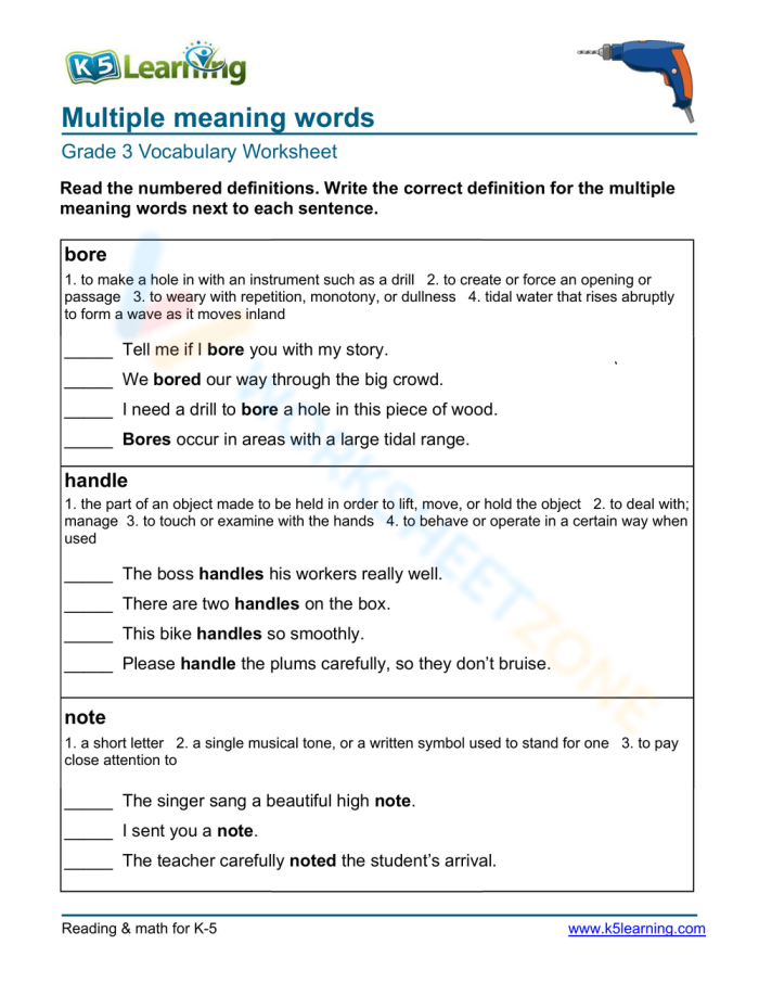Creative sentence-building with homographs for young learners Worksheet featuring double meaning words for third graders