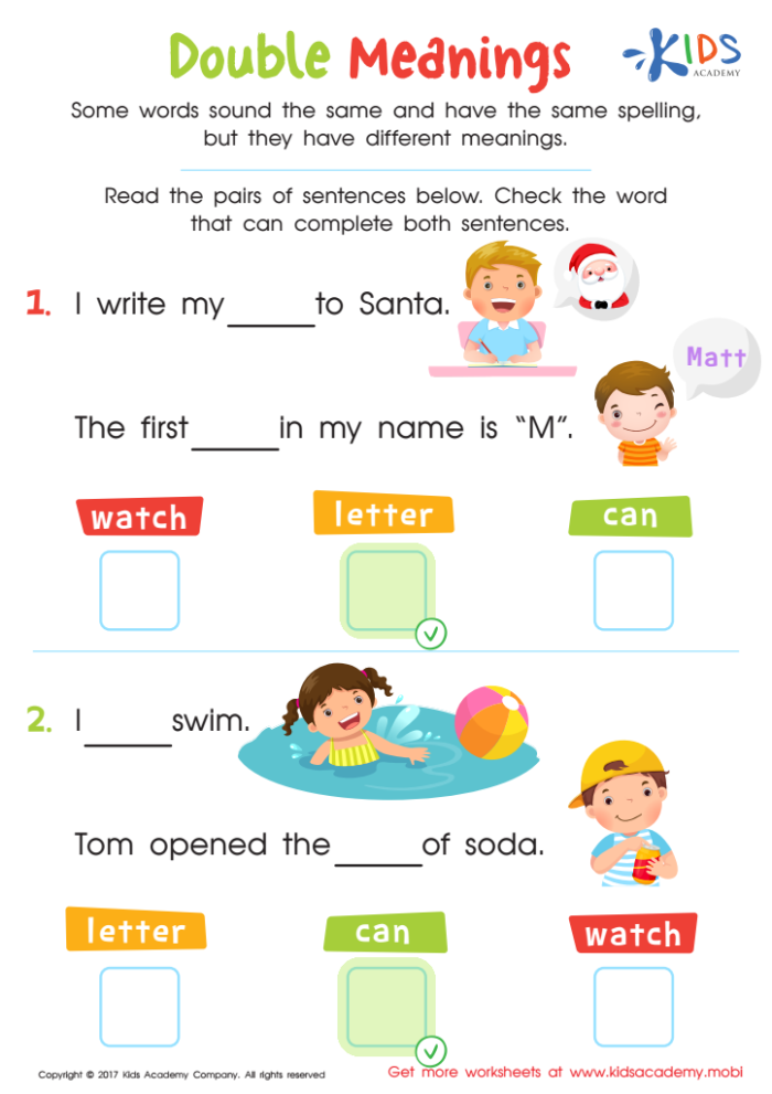 Grammar and Mechanics worksheet for Third Grade Worksheet featuring double meaning words for third graders to explore and write sentences. Engaging Double Meaning Words worksheet for creative learning.