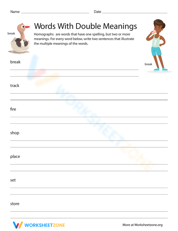 Engaging worksheet to help students create sentences with words that have multiple meanings Double Meaning Words worksheet featuring homographs for third graders to explore
