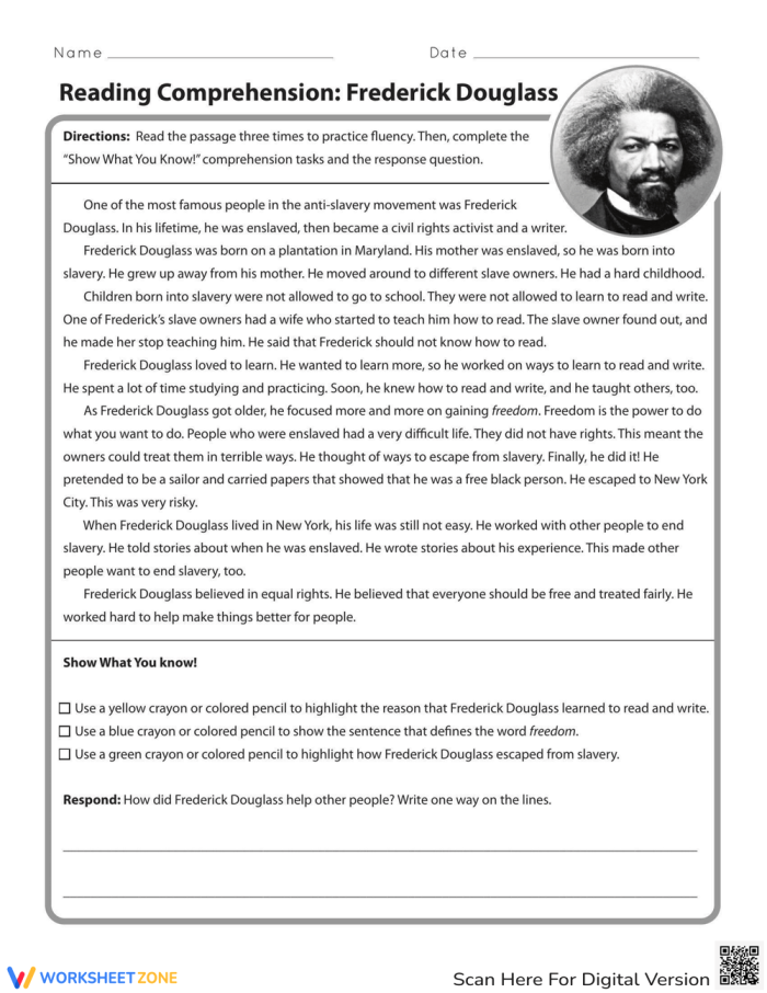 Eighth grade worksheet excerpt from Frederick Douglass memoir for reading comprehension analysis