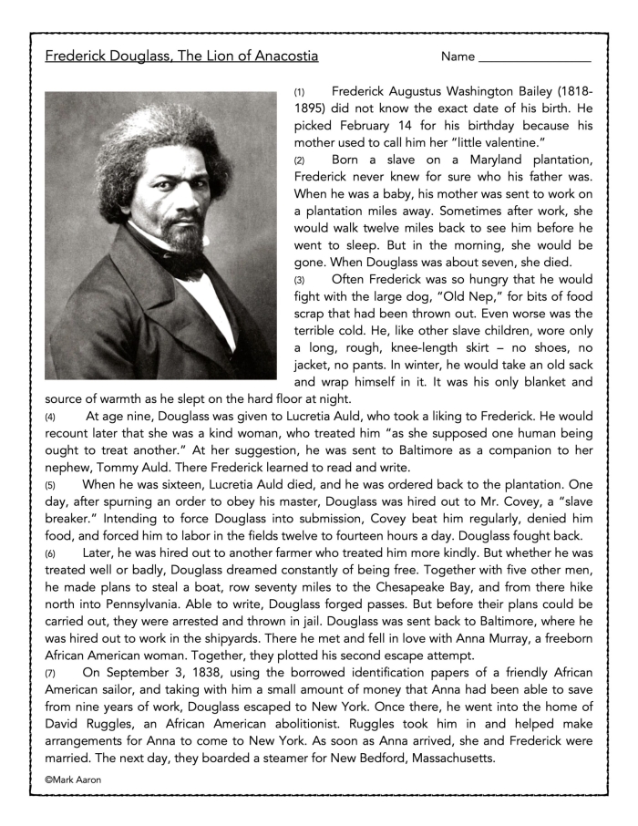 Eighth grade students analyzing Frederick Douglass memoir excerpt for reading comprehension and primary source analysis