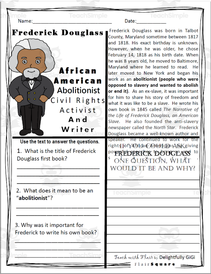 Eighth grade students analyzing a primary source excerpt from the Frederick Douglass narrative worksheet