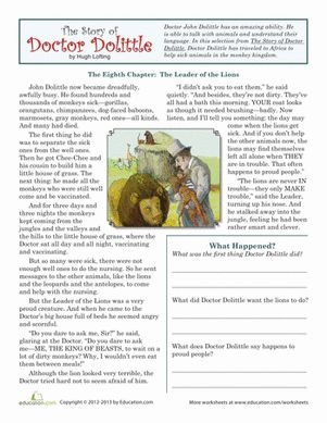 Fourth grade reading comprehension worksheet featuring an excerpt from The Story of Dr. Dolittle number 21