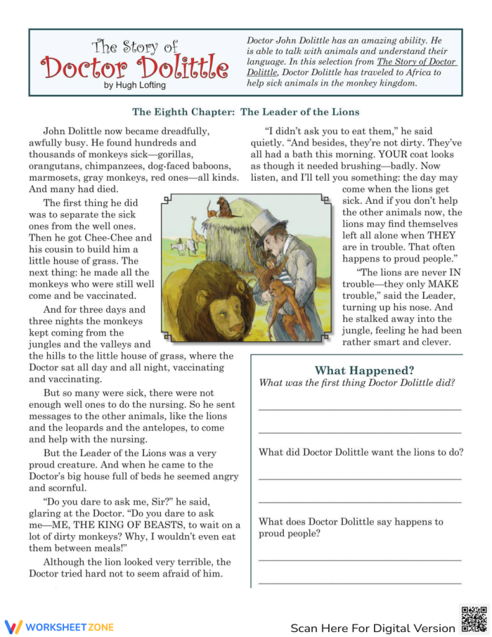 Fourth grade reading comprehension worksheet featuring a passage from The Story of Dr. Dolittle