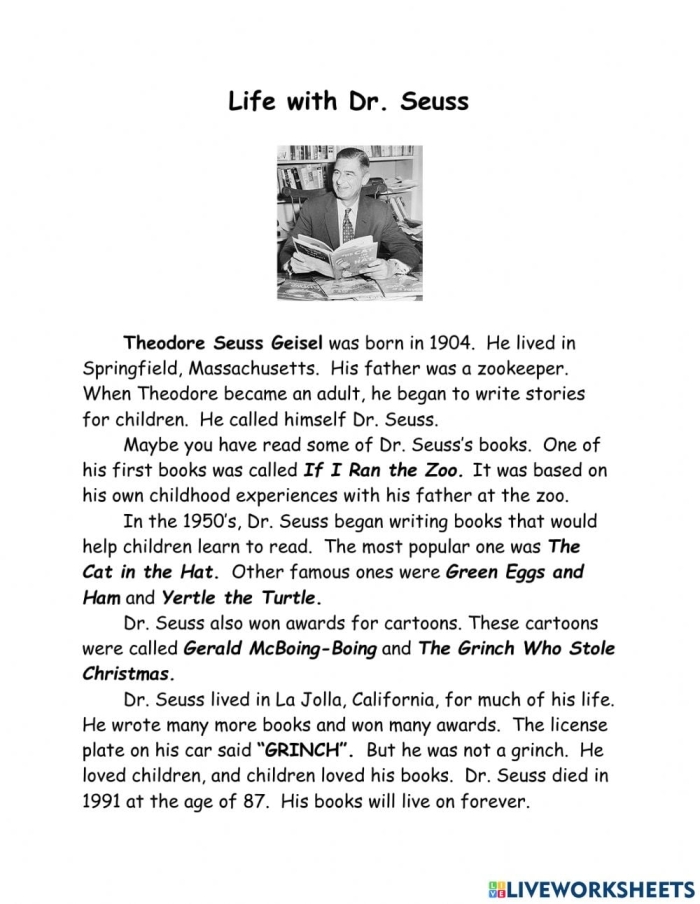 Fourth grade students reading comprehension worksheet featuring a passage from The Story of Dr. Dolittle classic children's book
