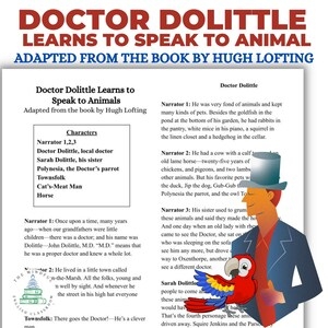 Fourth grade reading comprehension worksheet featuring an excerpt from The Story of Dr. Dolittle