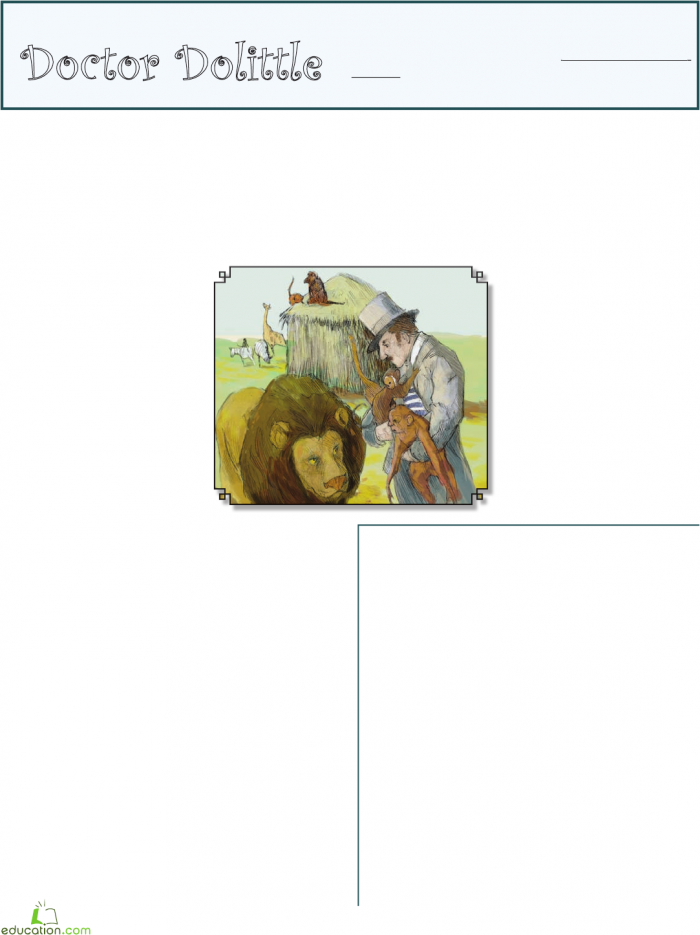 Fourth grade reading comprehension worksheet featuring a Dr. Dolittle passage