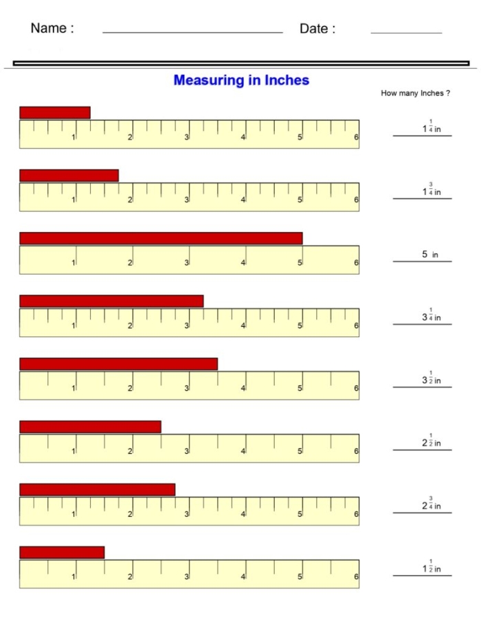 Second grade math worksheet featuring a smiling dragon for practicing inch measurements