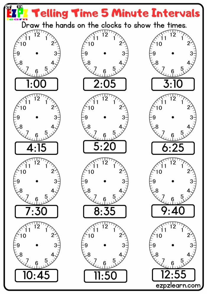 Kids' worksheet for drawing clock hands to practice telling time to five minutes