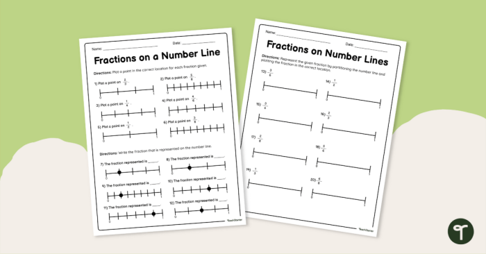 Third grade math student practicing how to draw fractions on a number line worksheet