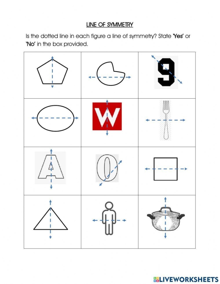 Worksheet featuring nine shapes for identifying and drawing lines of symmetry