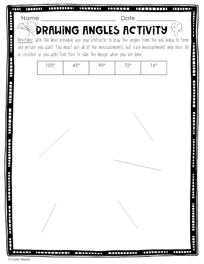 Creative geometry challenge for understanding angles and lines Worksheet for drawing angles and shapes for fourth graders