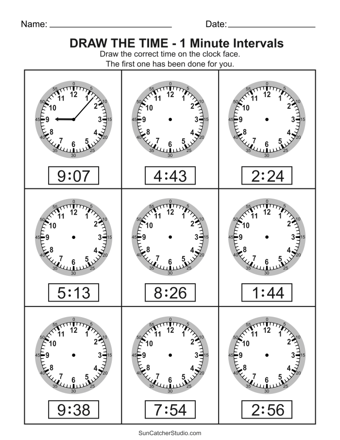Worksheet for drawing clock hands to tell time in five-minute increments