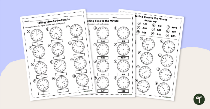Worksheet showing children drawing clock hands to match given times for telling time to five minutes