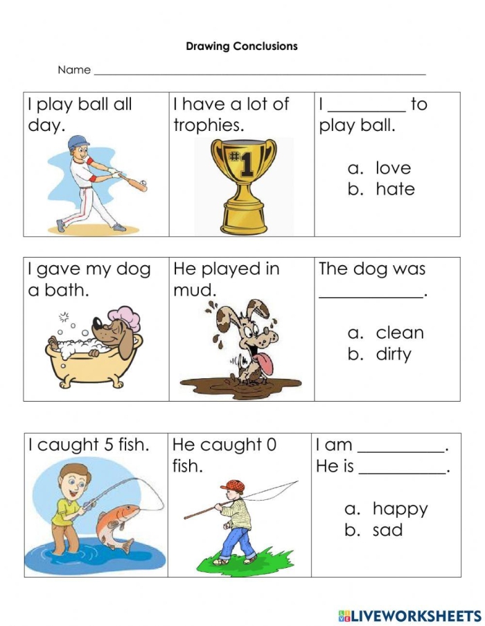 Reading for Comprehension Drawing Conclusions Practice Activity 4 Third grade geography worksheet showing six short reading passages with context clues for students to practice drawing conclusions