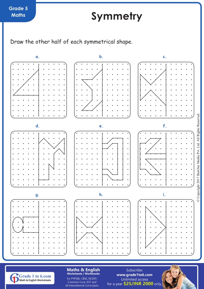 Printable worksheet focused on drawing lines of symmetry for fourth graders