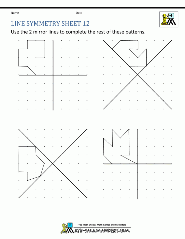 Printable worksheet for fourth graders focusing on drawing lines of symmetry in geometry