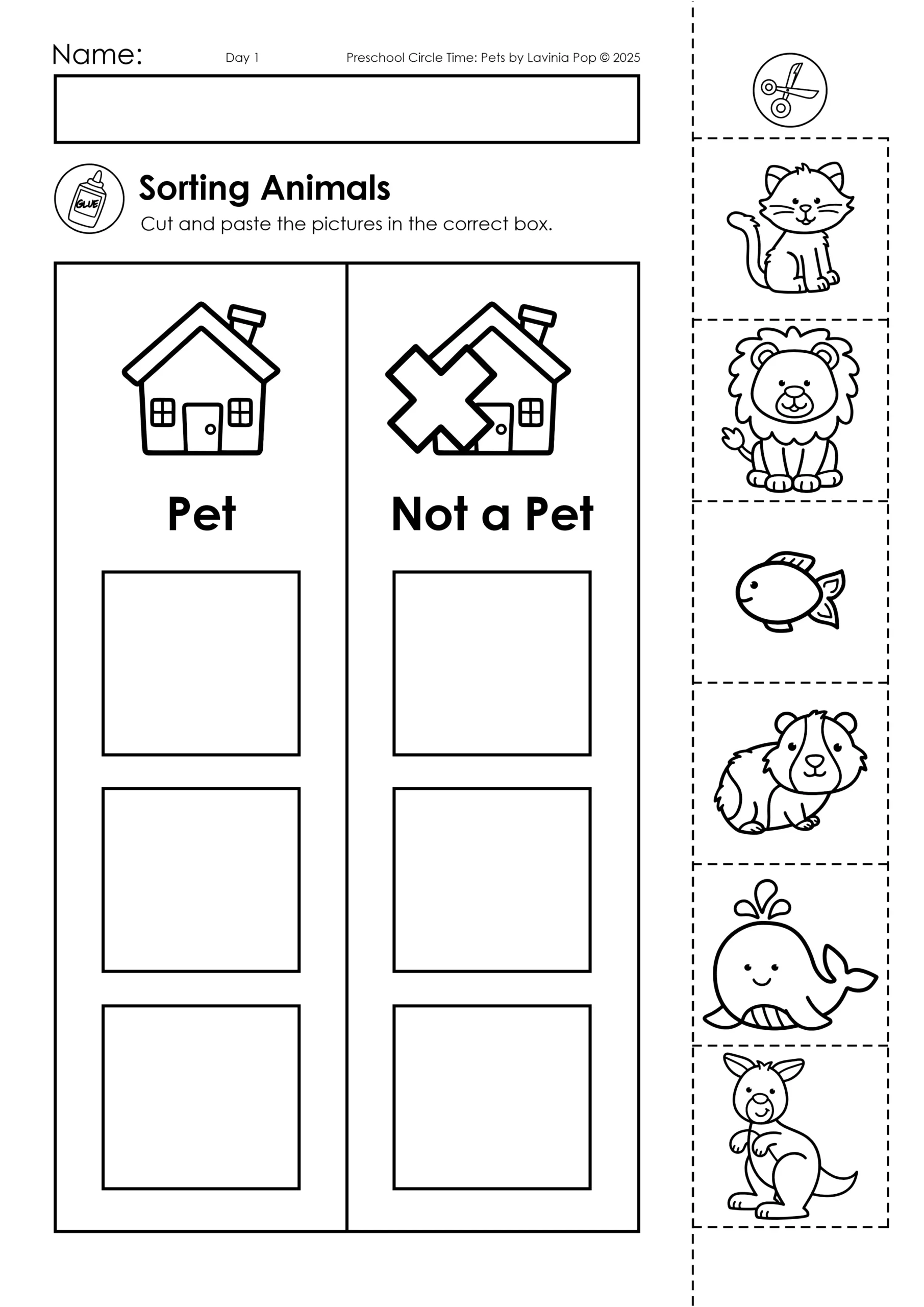 A colorful worksheet for kids to illustrate their dream pet, featuring various animal options. Dream Pet Worksheet for Pre-K Life Science Activities
