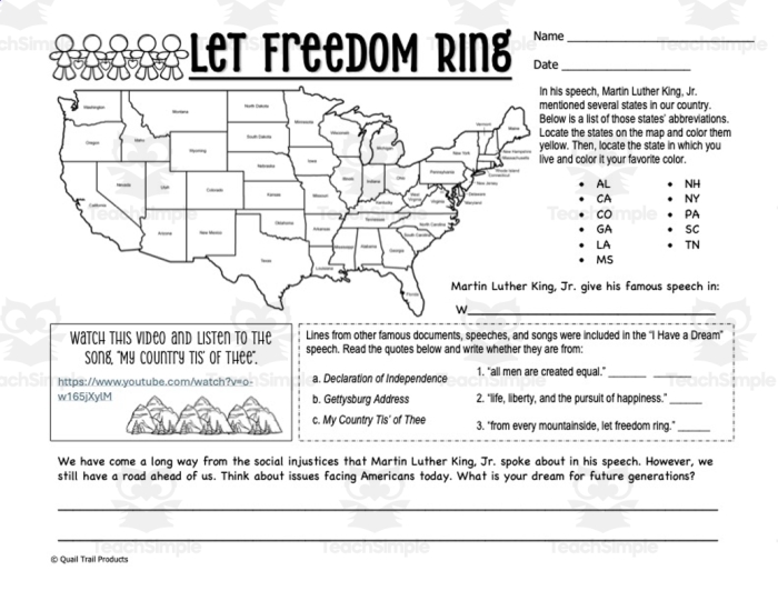 Children engaging with the "I Have a Dream" Speech and "My Country 'Tis of Thee" Song worksheet. Fourth-grade students exploring the power of words in this educational activity.