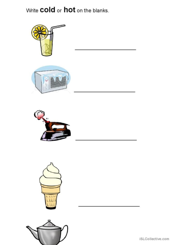 Temperature Hot or Cold matching activity with clothes and thermometer pictures for young learners First grade temperature worksheet showing clothing items matched with hot and cold thermometers for learning weather appropriate dress