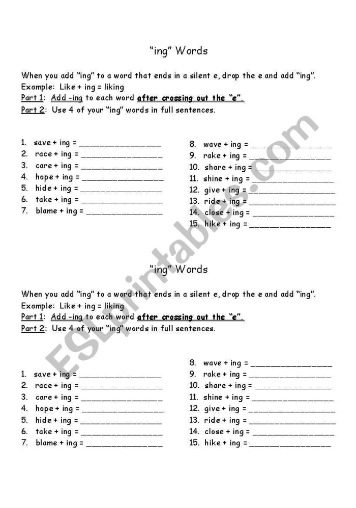 Drop the silent E and add ing spelling practice worksheet number ten First grade spelling worksheet teaching students how to drop the silent E and add ing