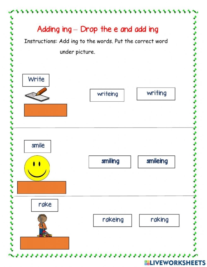 Spelling practice sheet focused on silent E and -ing for young learners First grade worksheet for practicing dropping the silent E and adding -ing