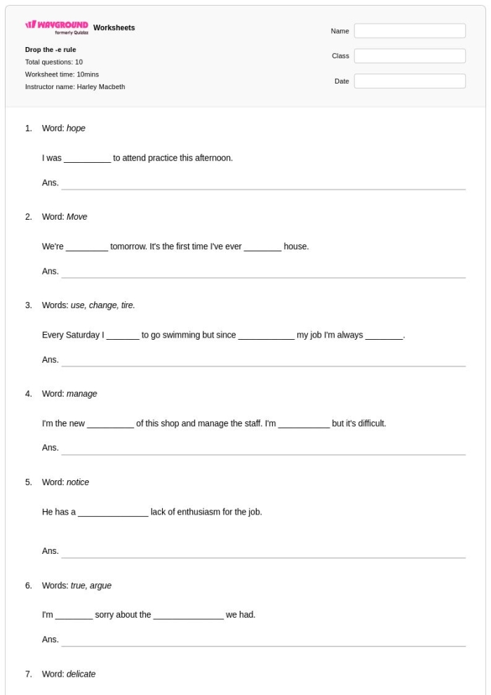 Drop the E and Add -ing Spelling Practice Sheet 23 First grade spelling worksheet focusing on dropping the silent E before adding -ing