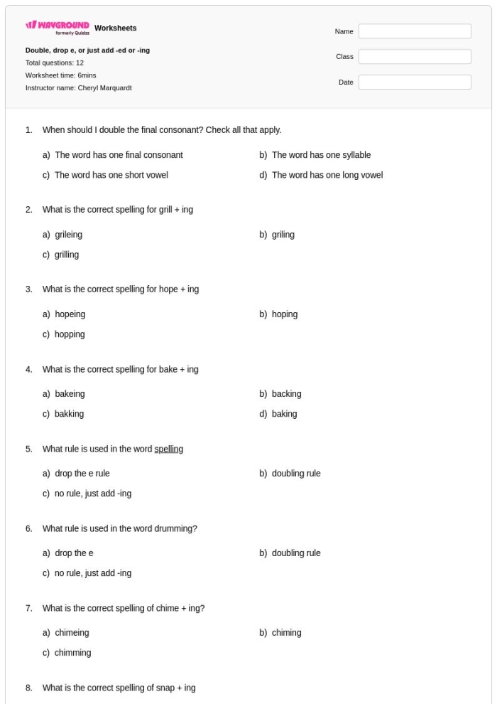 Drop the silent E and add -ing spelling practice worksheet for first grade students 22 First grade student worksheet for practicing the spelling rule of dropping the silent E before adding the suffix -ing