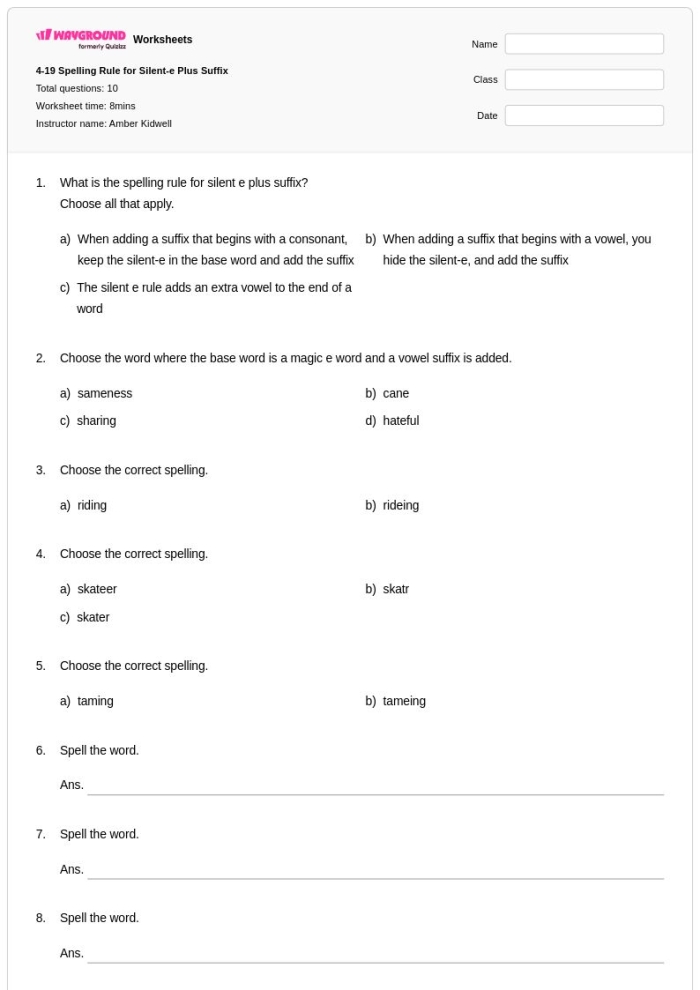 Drop the silent E and add ing spelling worksheet for grade one learners First grade students practicing spelling rules for dropping the silent E before adding ing