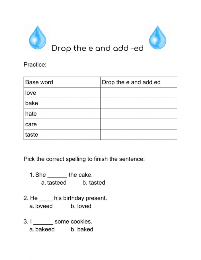 Drop the E, Add -ing spelling worksheet for measurement skills in first grade Worksheet for practicing dropping the silent E and adding -ing for first graders