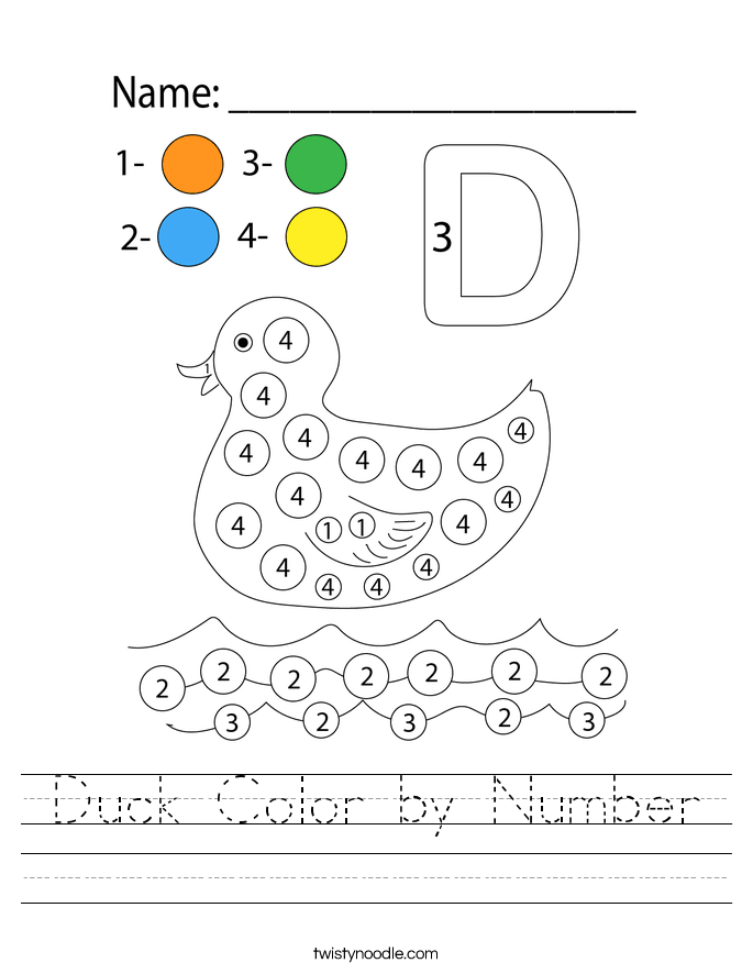 Color by number worksheet featuring playful ducks in a pond for preschool counting activities