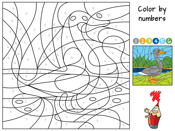 Color by number worksheet featuring two ducks swimming in a pond for preschoolers