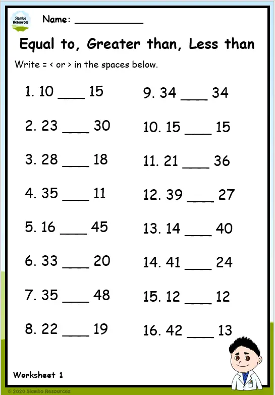 Duck Mouth Greater Than or Less Than Worksheet 11 First grade math worksheet showing a duck mouth symbol to teach greater than or less than concepts