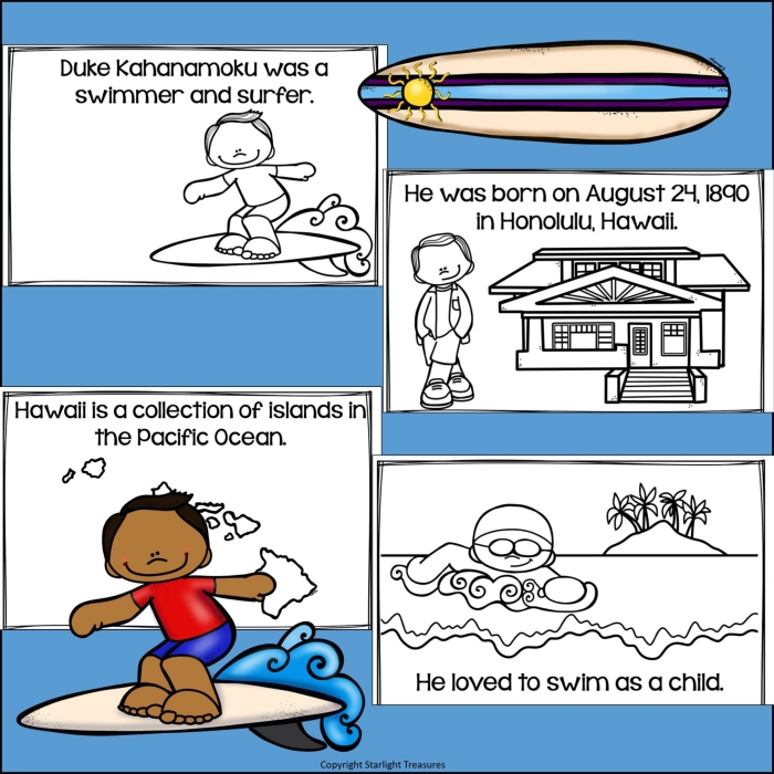 Preschool phonics worksheet featuring a picture of legendary surfer Duke Kahanamoku for letter recognition practice