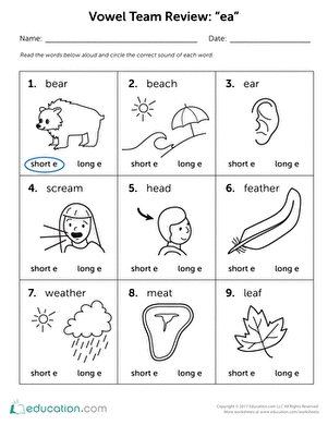 Engaging review of long and short e sounds for the "ea" vowel team Vowel team worksheet focused on the "ea" sounds for second graders