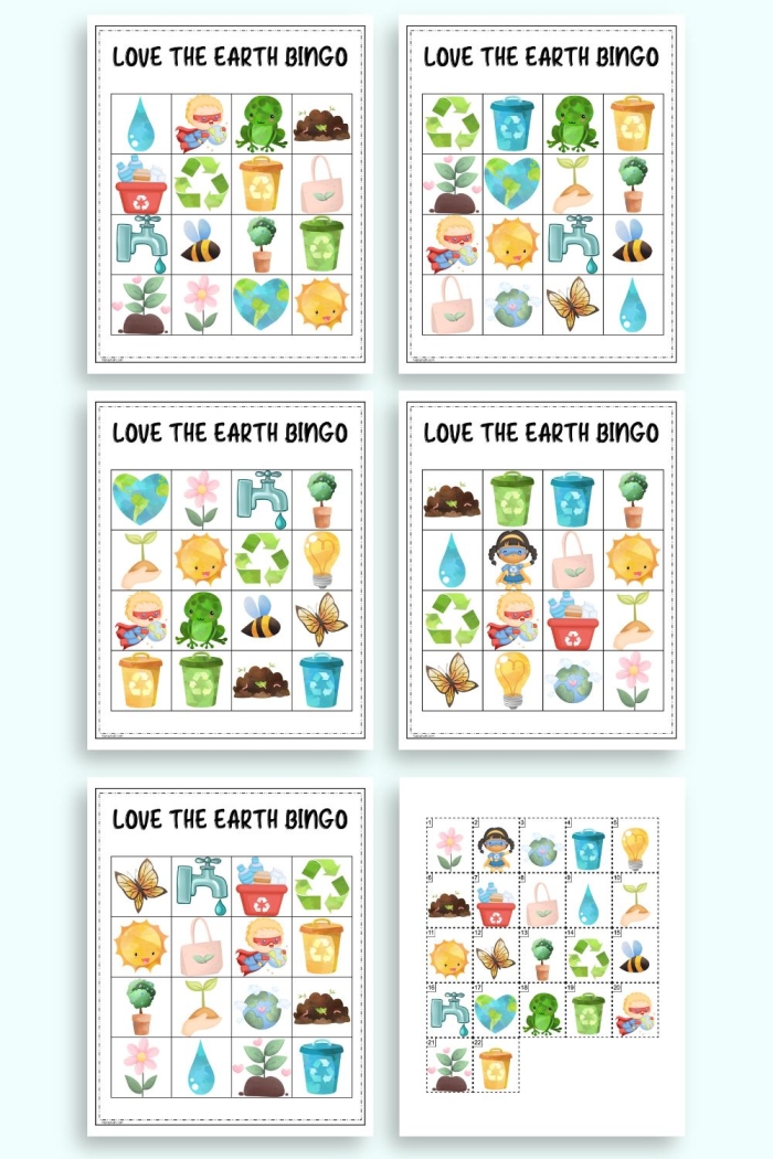 Pre-K students engaging with an Earth Day Bingo Board worksheet featuring nature-themed activities for place value learning.