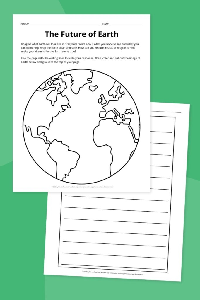 Earth Day Writing Activity for Young Learners Second grade student completing an Earth Day fill-in-the-blank grammar worksheet with environmental conservation sentences